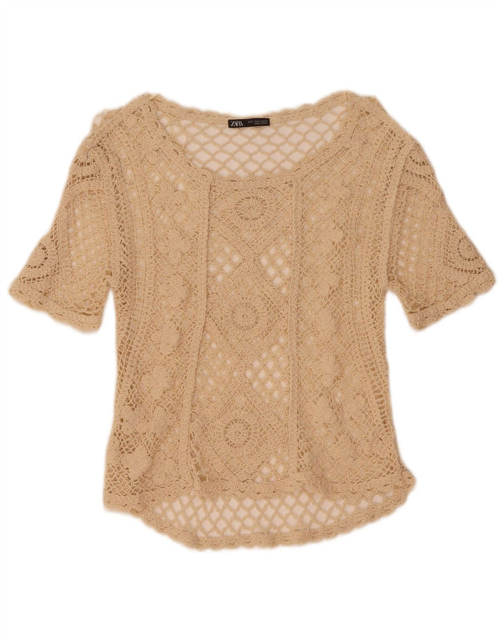 ZARA Womens Crochet Blouse Top UK 8 Small Off White Floral