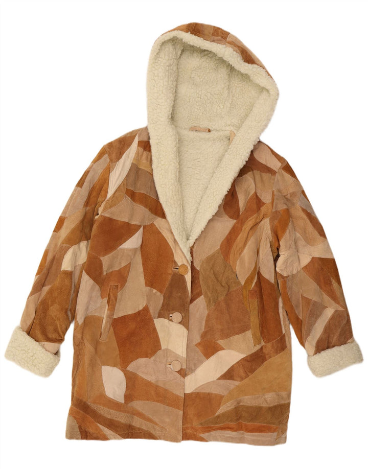Vintage Sherpa-overfrakke med hætte til kvinder UK 18 XL brun patchwork-læder