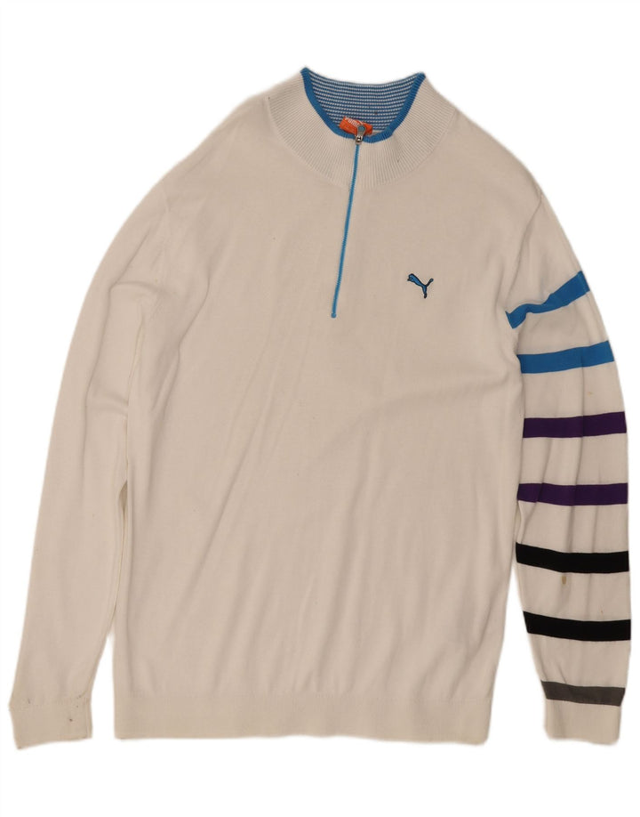 Puma Herre Zip Neck Jumper Sweater Stor hvid stribet bomuld