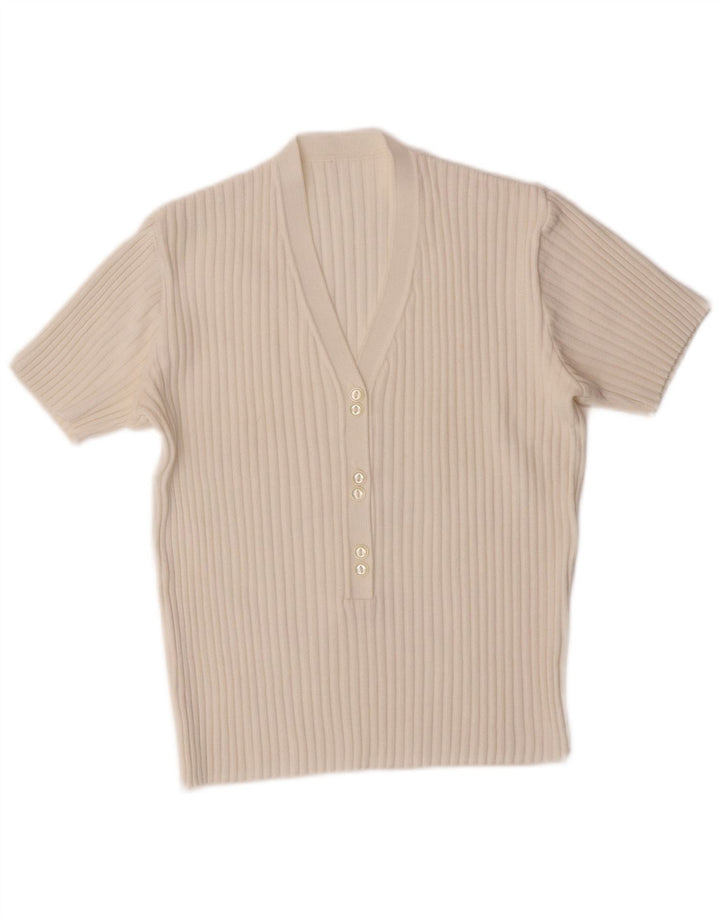 VINTAGE Womens Short Sleeve V-Neck Jumper Sweater UK 12 Medium White