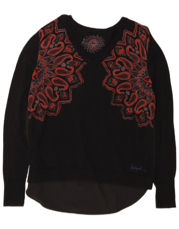 Desigual Dame V-hals sweater UK 20 2XL Sort Paisley
