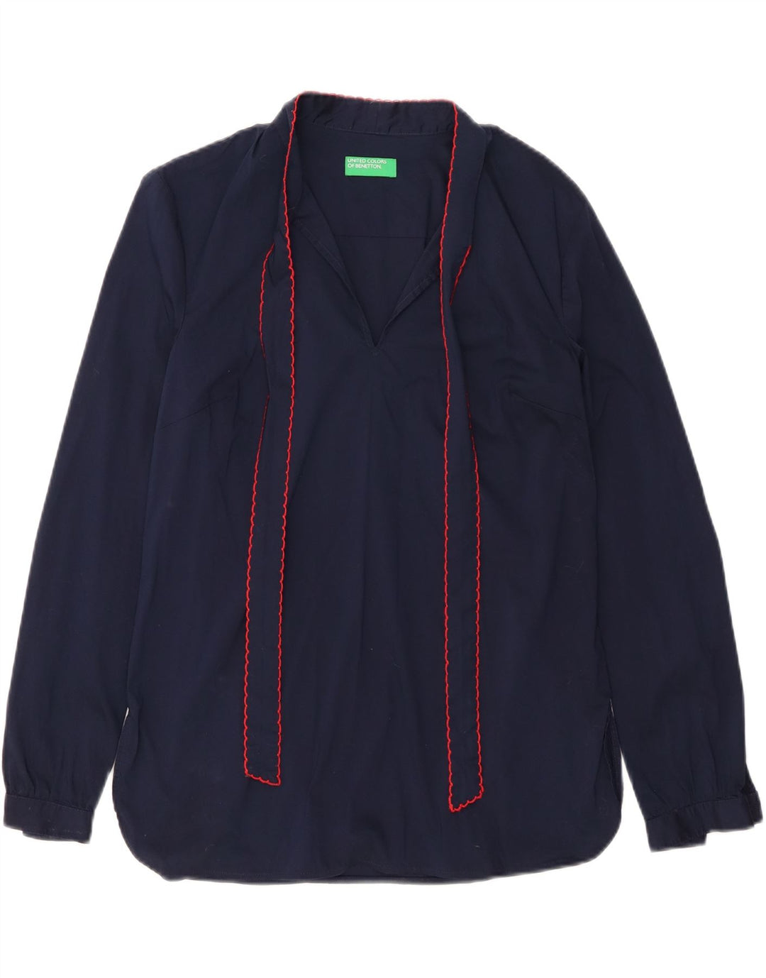 BENETTON Womens Front Tie Shirt UK 10 Small Navy Blue Cotton