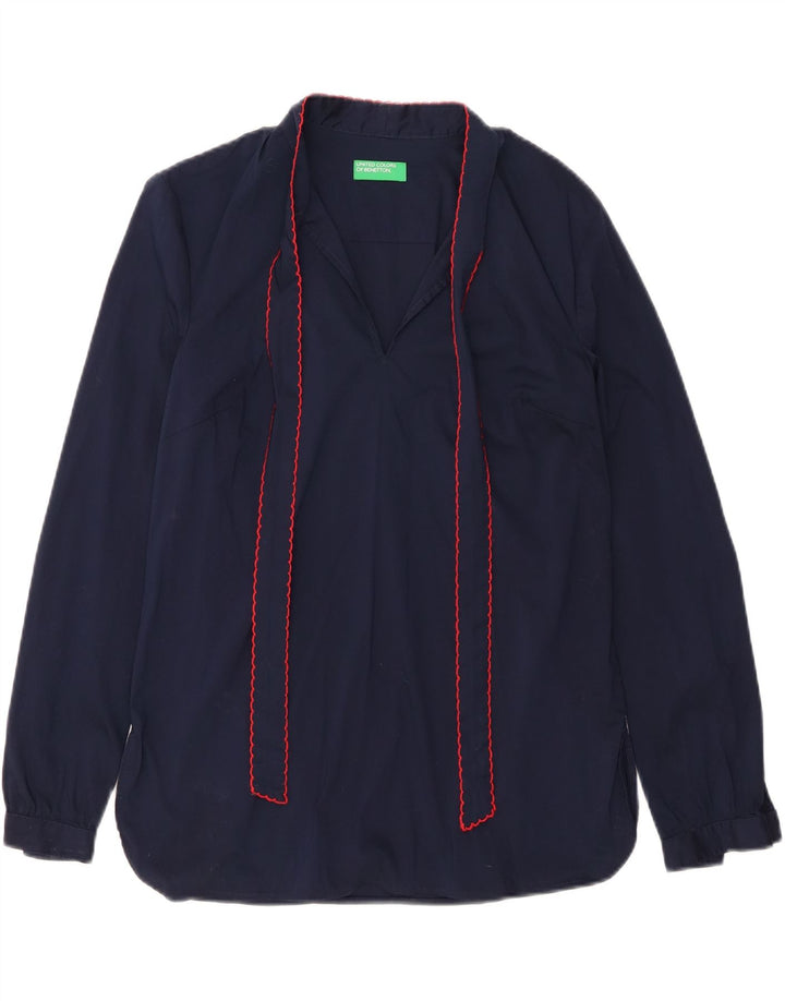 BENETTON Womens Front Tie Shirt UK 10 Small Navy Blue Cotton