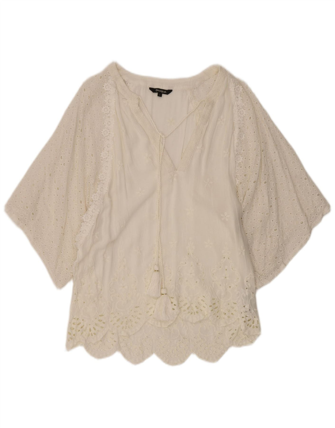Desigual Dame 1/2-ærmet Batwing Tunika Top UK 16 Large White Viscose