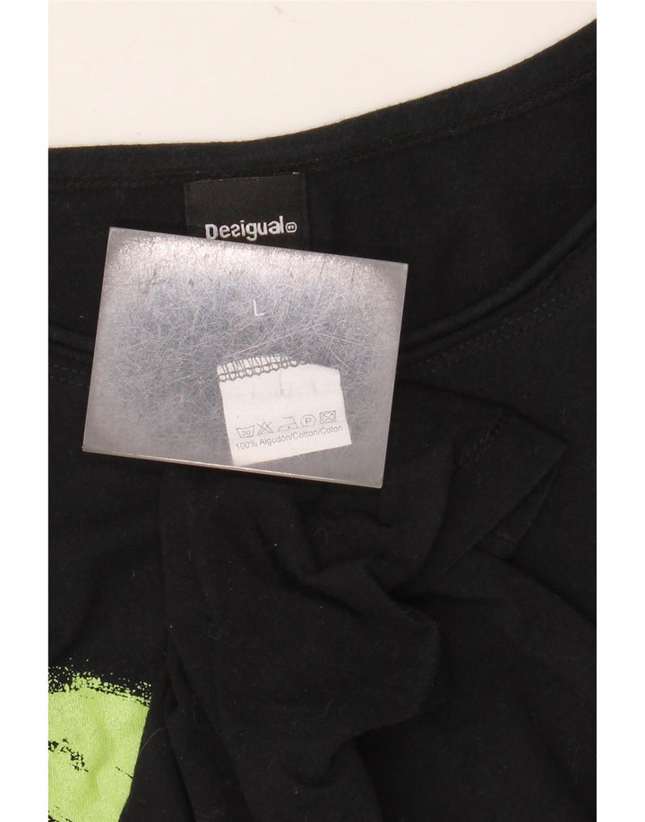 DESIGUAL Dame Grafisk Top Langærmet UK 14 Stor Sort Bomuld