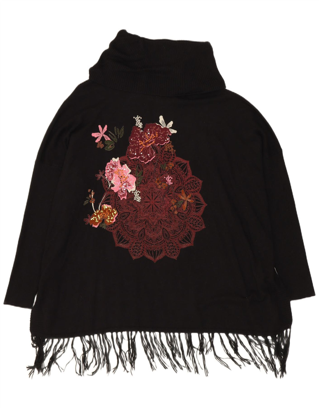 Desigual Dame Oversized Roll Neck Jumper Sweater UK 18 XL Sort Viscose