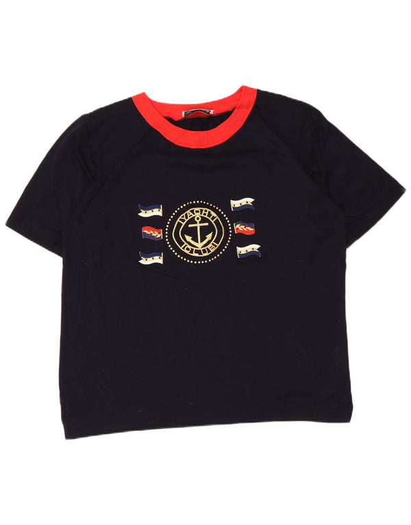 Vintage Dame Grafisk T-Shirt Top UK 16 Large Navy Blue