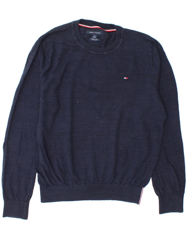TOMMY HILFIGER Mens Crew Neck Jumper Sweater Large Navy Blue Flecked Vintage Tommy Hilfiger and Second-Hand Tommy Hilfiger from Messina Hembry 
