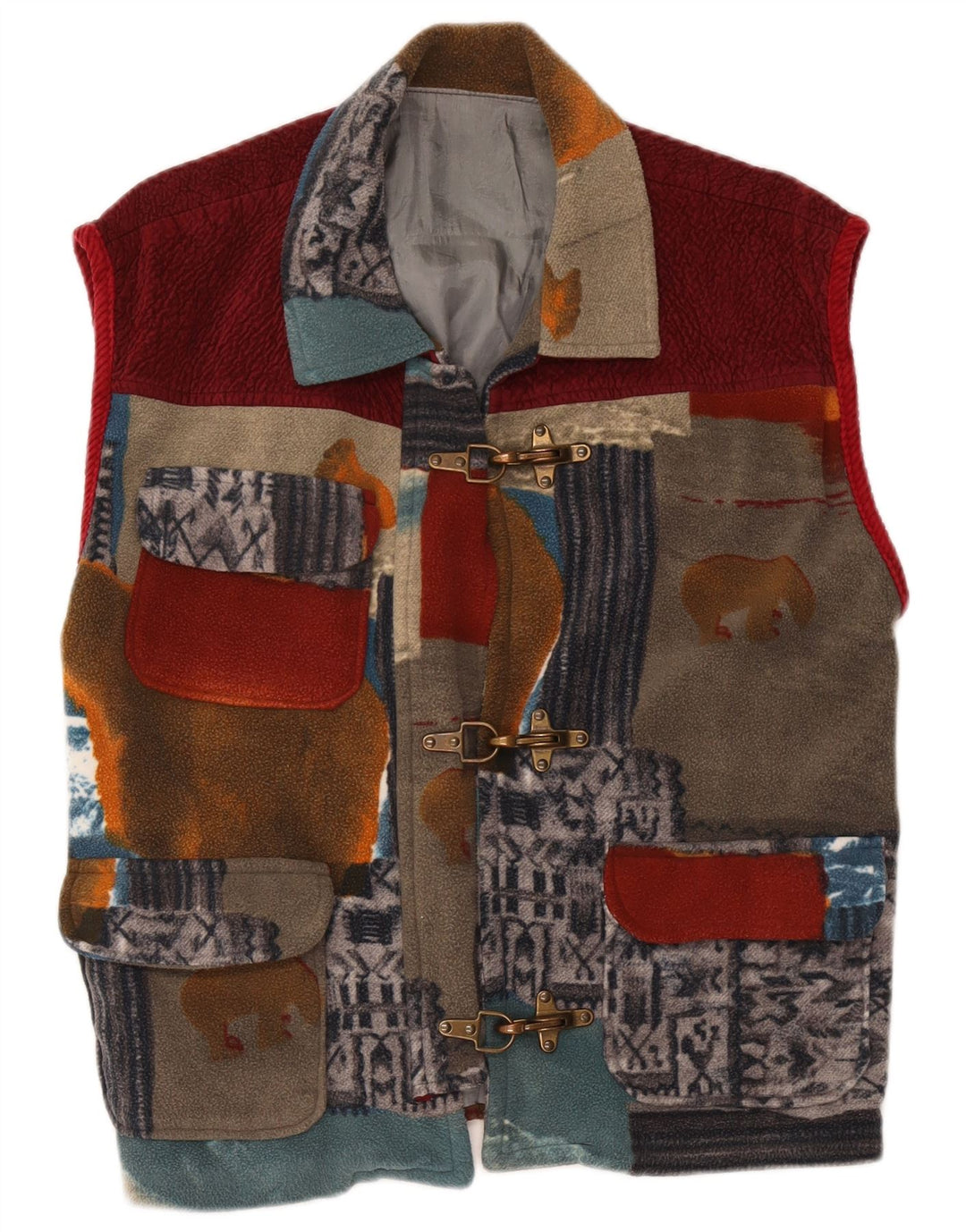 Vintage Dame Fleece Utility Gilet UK 42 XL Flerfarvet Patchwork