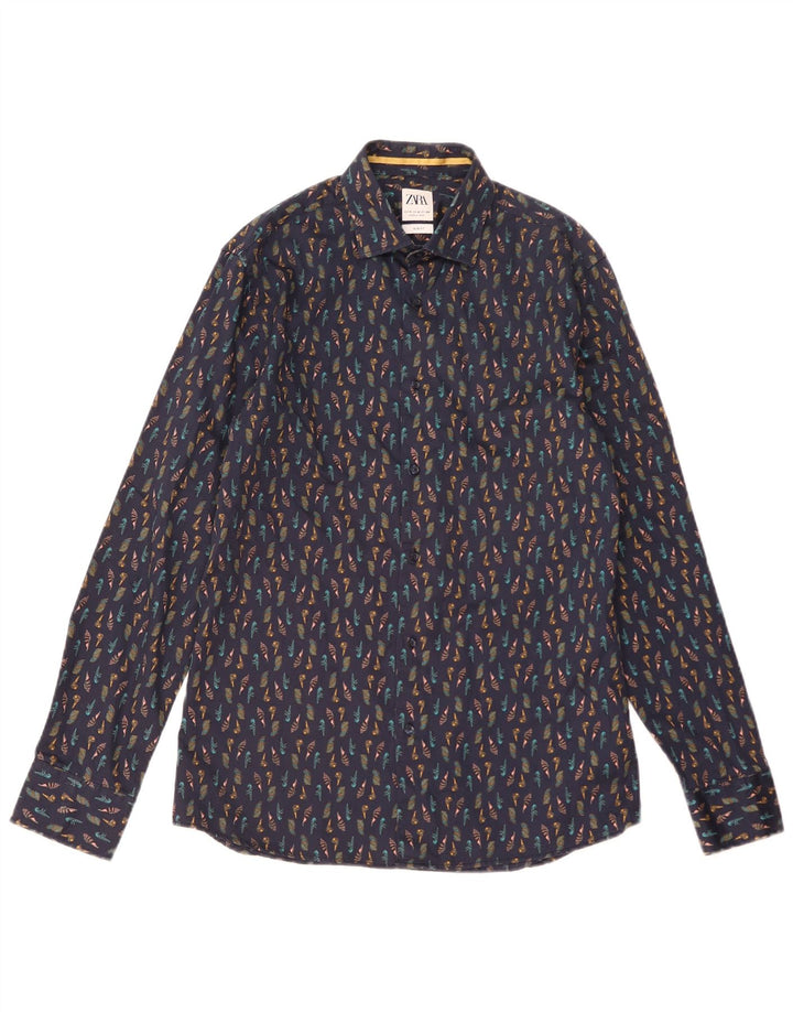 Zara Herre abstrakt mønster Slim Fit skjorte medium marineblå