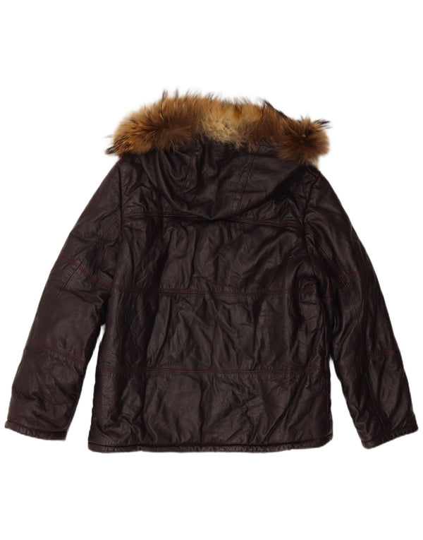 VINTAGE læderjakke med hætte til kvinder UK 16 Large Maroon