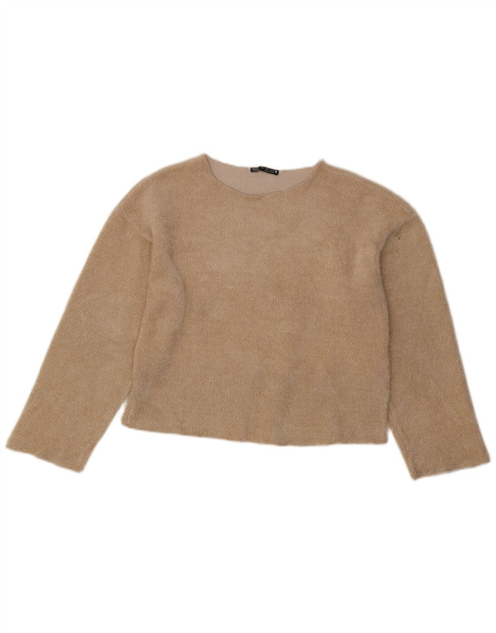 Zara Womens Crop Top Langærmet UK 10 Small Beige Polyester