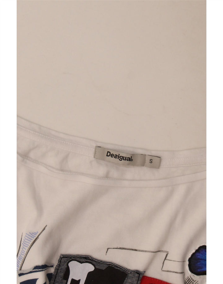 Desigual Dame Oversized grafisk T-shirt Top UK 10 Small White