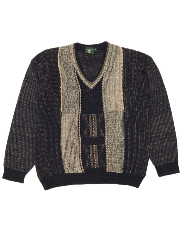 Vintage herre V-hals sweater XL marineblå Colourblock akryl