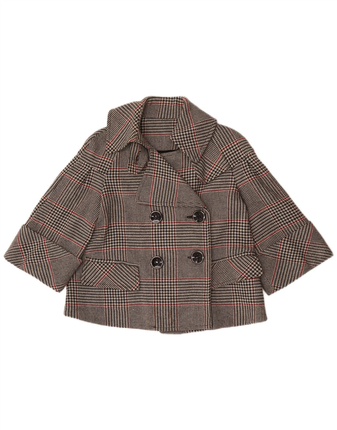 Zara Dame Kort Dobbeltradet Blazer Jacket UK 14 Medium Grey Plaid