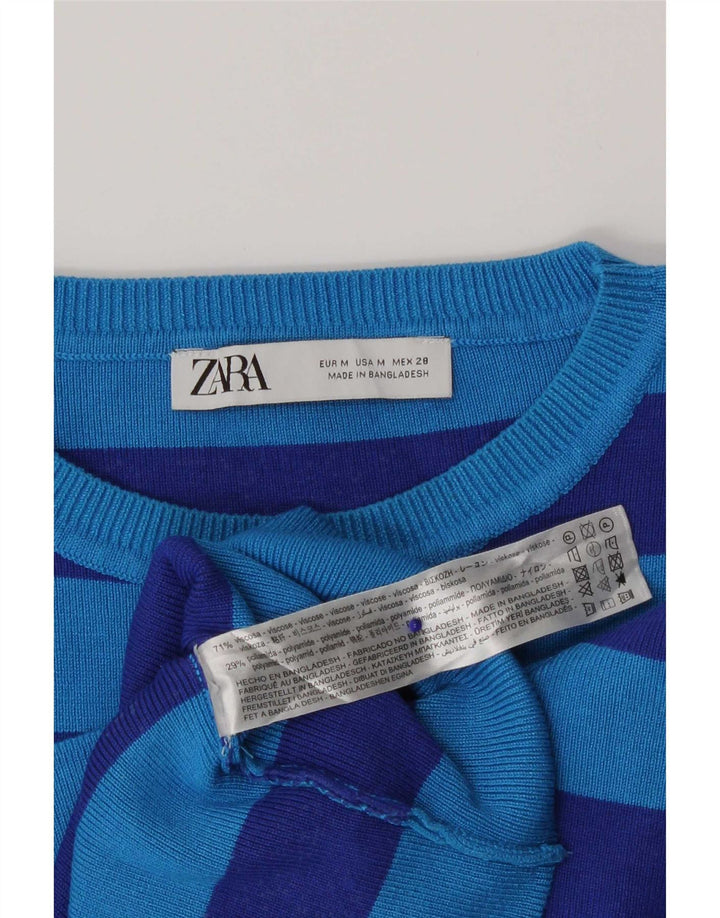 Zara Dame Crop Top Langærmet UK 10 Lille Blå Stribet Viscose