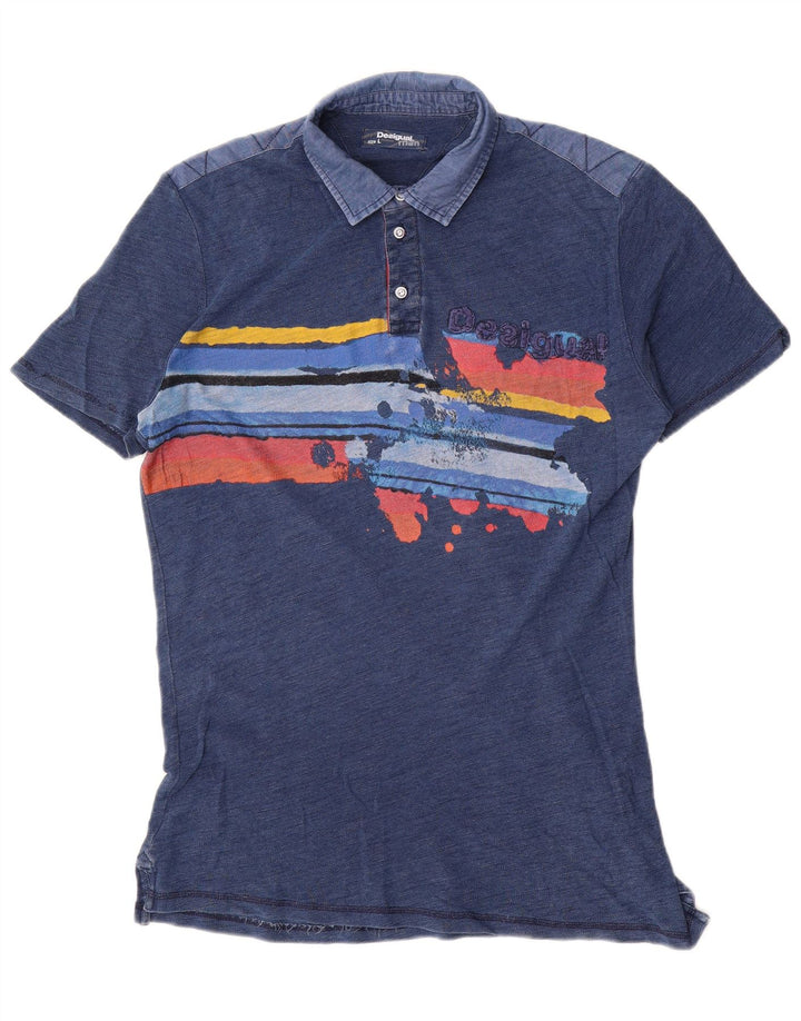 Desigual grafisk poloshirt til mænd, stor blå farveblok