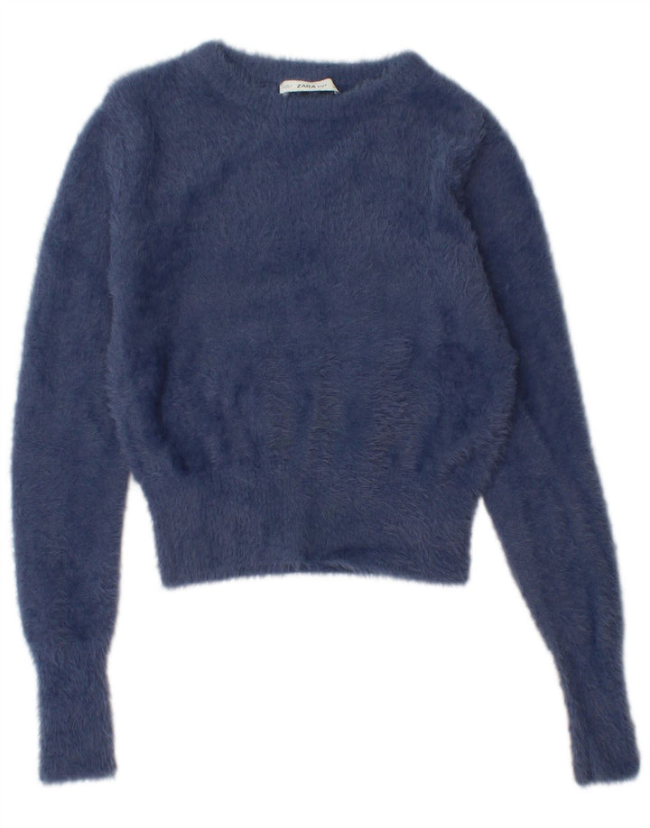 ZARA Womens Crop Boat Neck Jumper Sweater UK 12 Medium Navy Blue