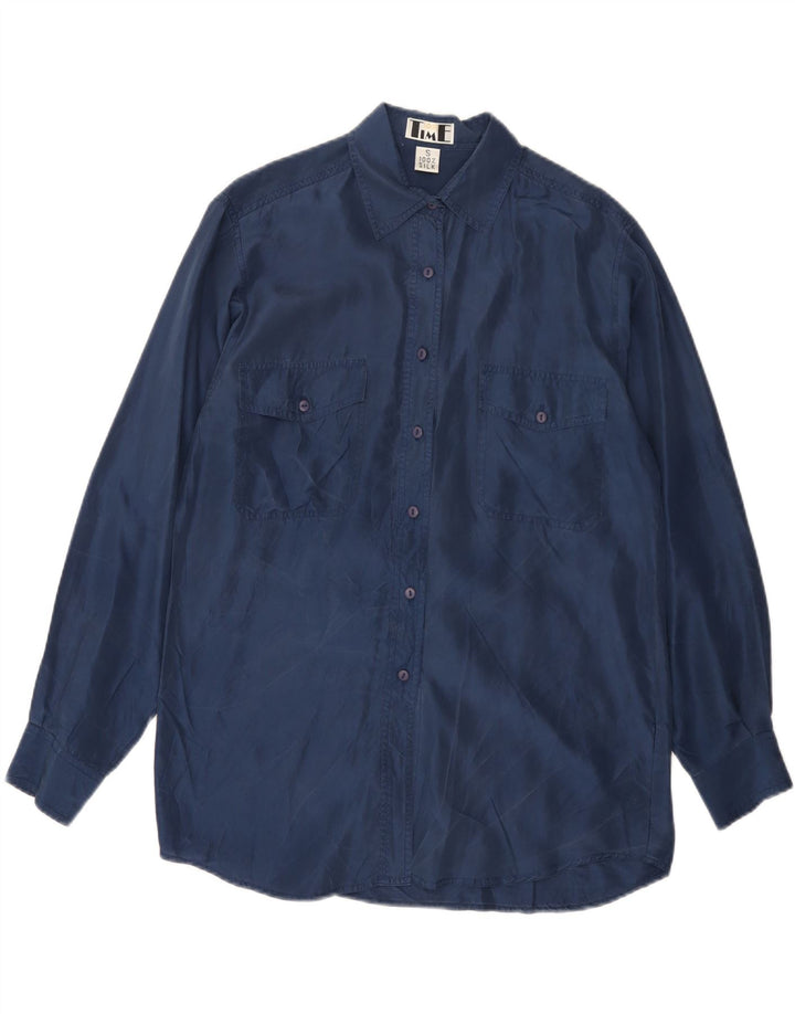 VINTAGE Oversized skjorte til kvinder UK 10 Lille marineblå silke