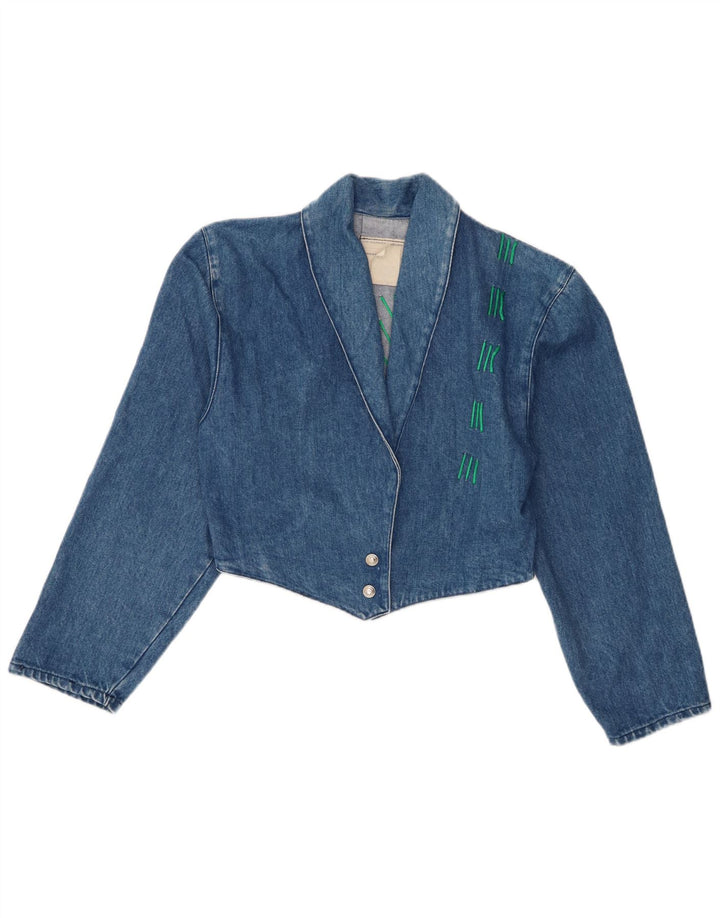 Vintage Dame Crop Denim Jacket UK 10 Small Blue Cotton