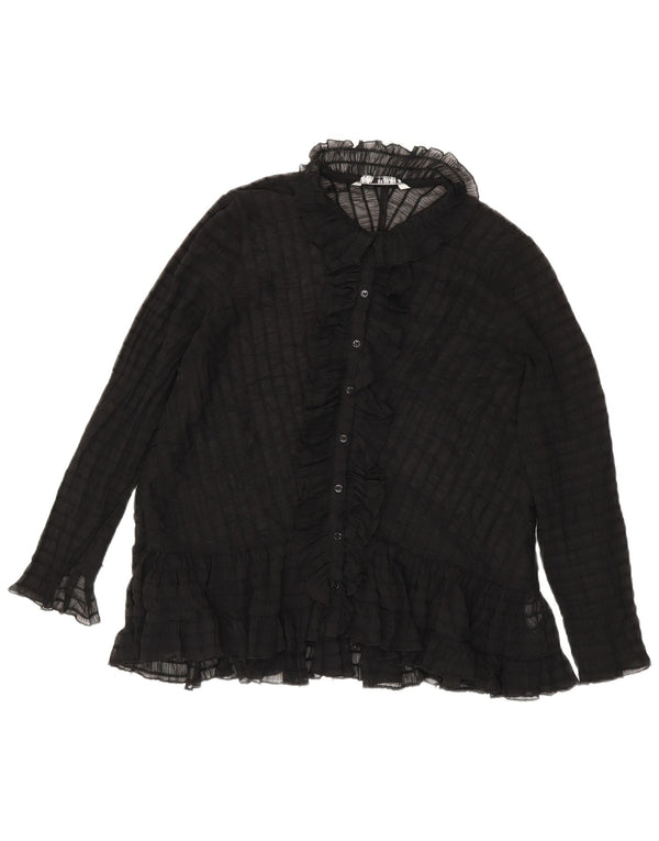 Zara Womens See Through Ruffle Front Shirt Blouse UK 14 Medium Black