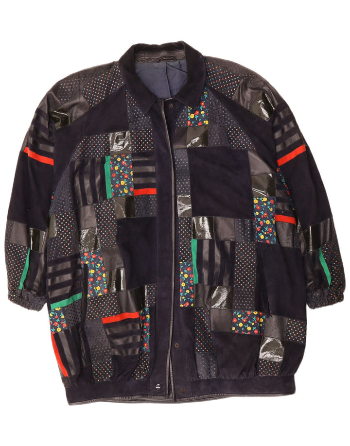 ZASPEL Womens Oversized Overcoat EU 40 Medium Navy Blue Patchwork Acetate