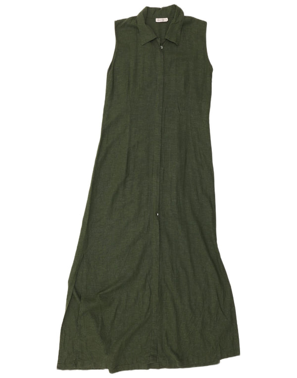 Vintage dame Maxi ærmeløs skjortekjole UK 10 Small Green Linen