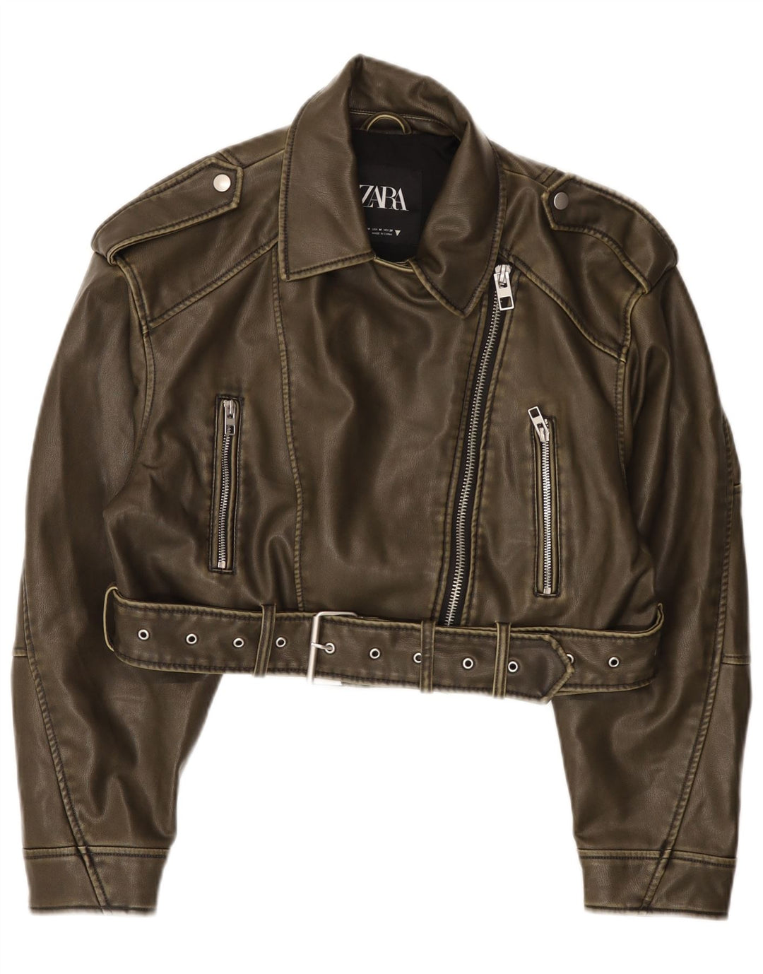 Zara Womens Crop Biker-jakke i imiteret læder UK 14 Medium Green Polyester