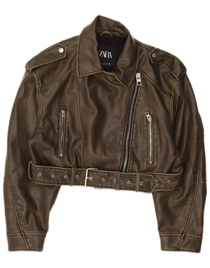Zara Womens Crop Biker-jakke i imiteret læder UK 14 Medium Green Polyester