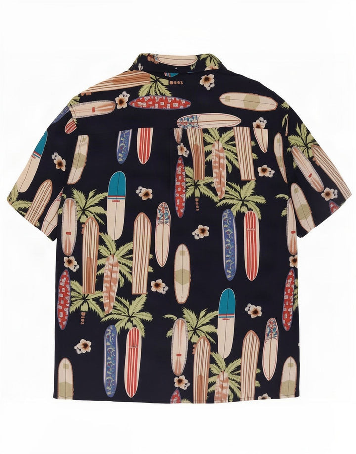 Vintage herre abstrakt mønster kortærmet skjorte stor marineblå rayon