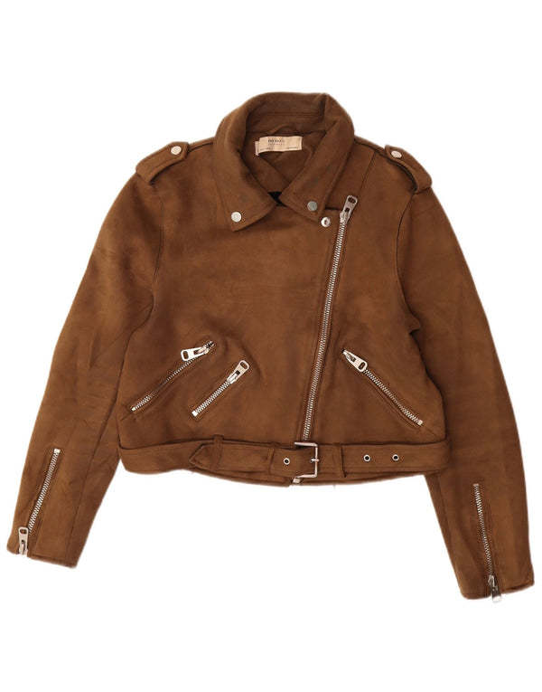 Zara Womens Crop Faux Ruskind Biker Jacket UK 14 Large Brown Polyester