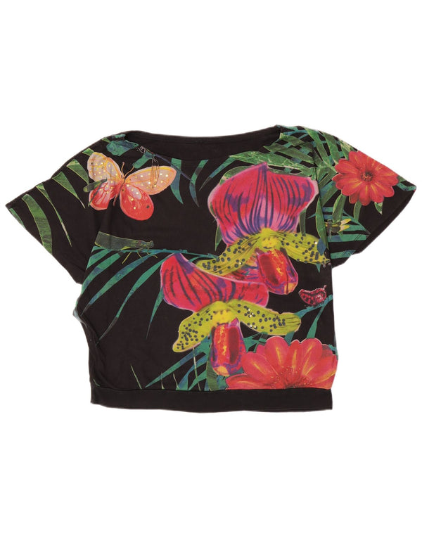 Desigual Dame Grafisk T-Shirt Top UK 16 Stor Sort Blomster Bomuld