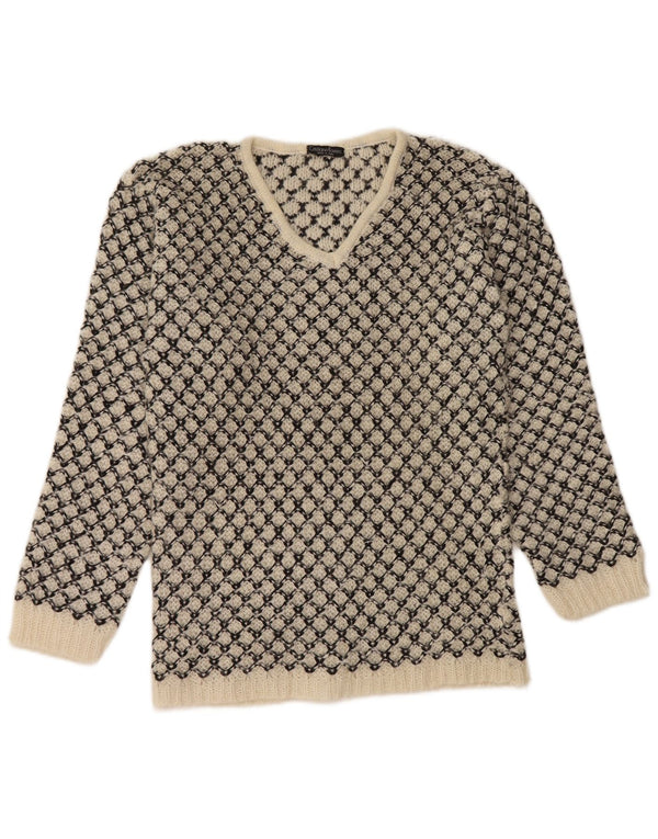 Vintage Womens V-Neck Jumper Sweater UK 14 Medium Off White Geometric