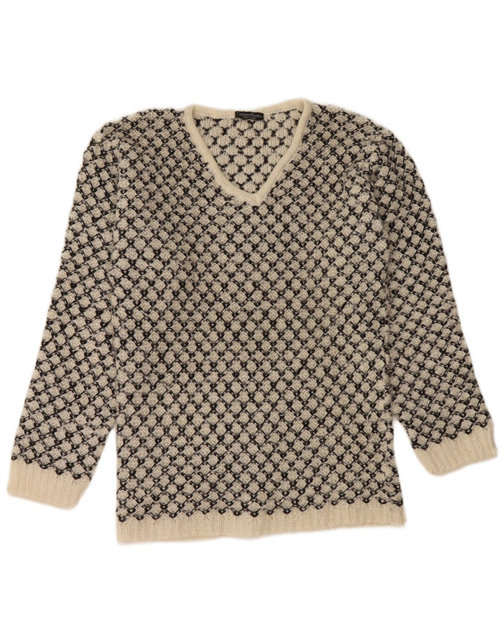 Vintage Dame V-hals sweater UK 14 Medium Off White Geometrisk