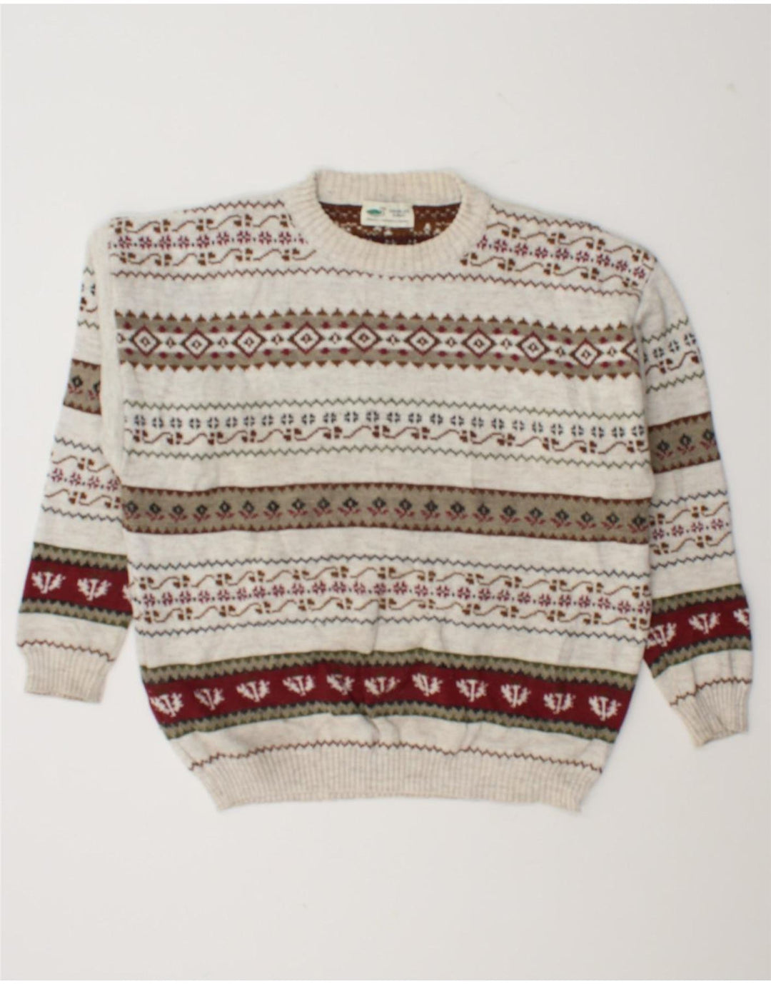 Vintage herre sweater med rund hals, stor off-hvid geometrisk uld