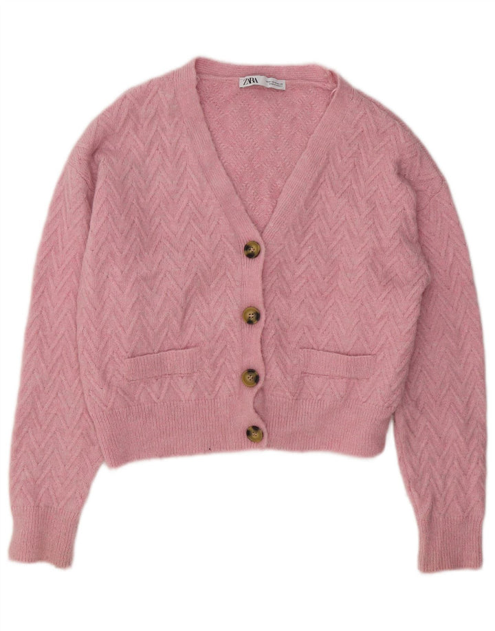 ZARA Womens Crop Cardigan Sweater UK 14 Medium Pink Chevron Acryl