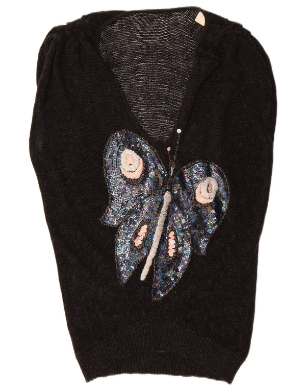 Vintage Dame grafisk V-hals sweater UK 16 Stor sort sommerfugl