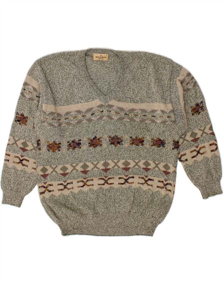 MALAGRIDA Mens V-Neck Jumper Sweater Medium Grey Fair Isle Cotton Vintage Malagrida and Second-Hand Malagrida from Messina Hembry 