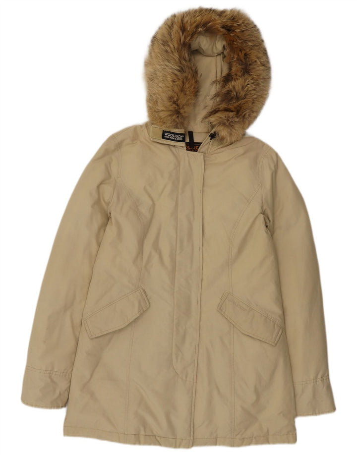 Woolrich Dame Hætte Polstret Frakke UK 14 Medium Beige Bomuld