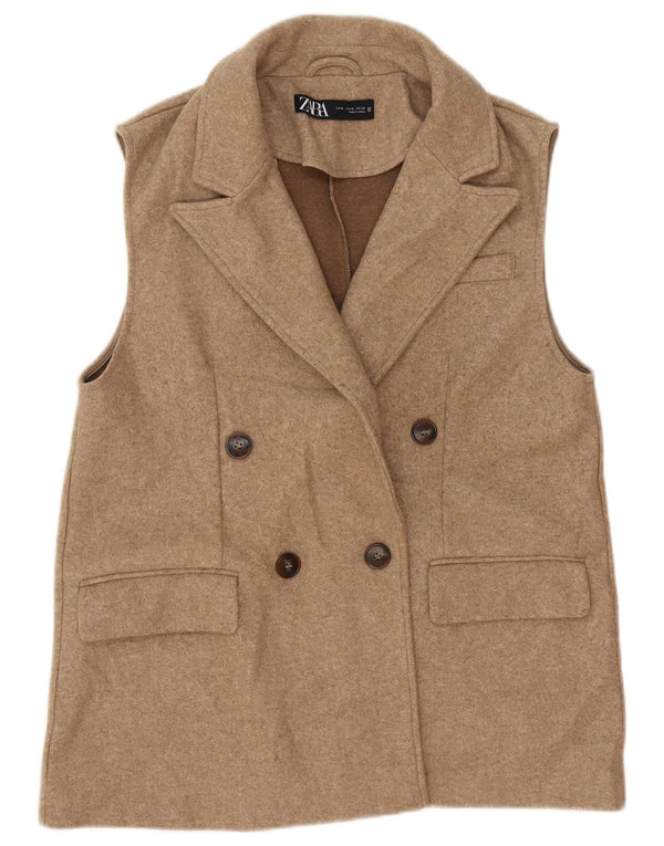 Zara Dame Dobbeltradet Utility Gilet UK 12 Medium Beige Polyester