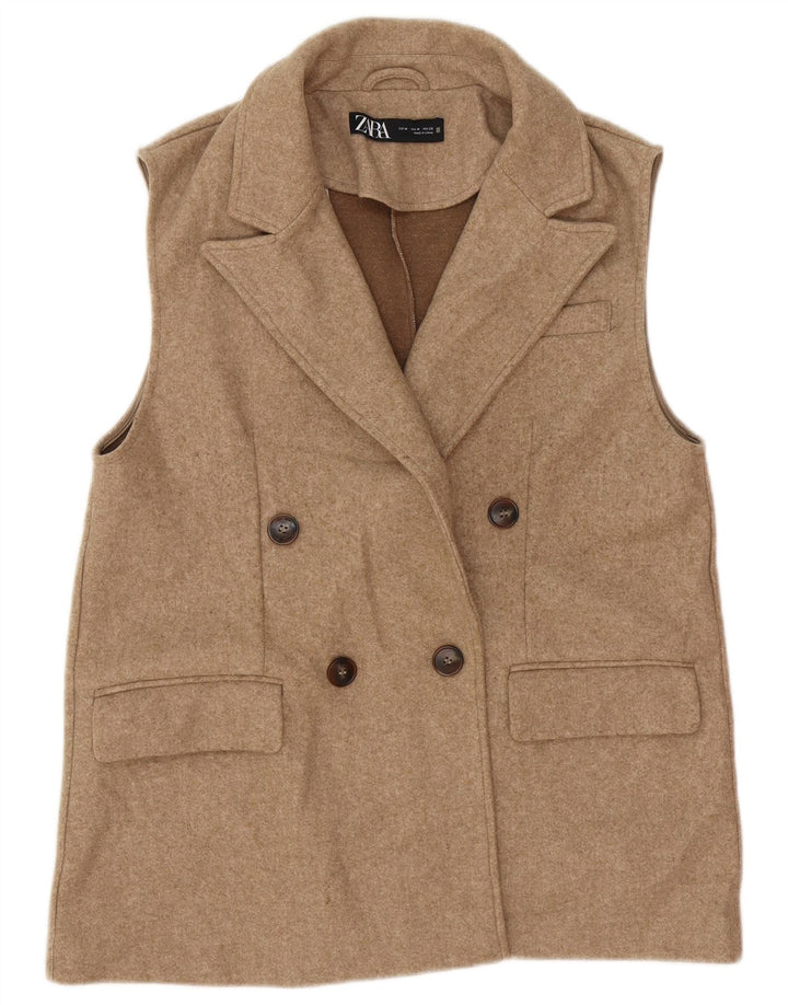 Zara Dame Dobbeltradet Utility Gilet UK 12 Medium Beige Polyester
