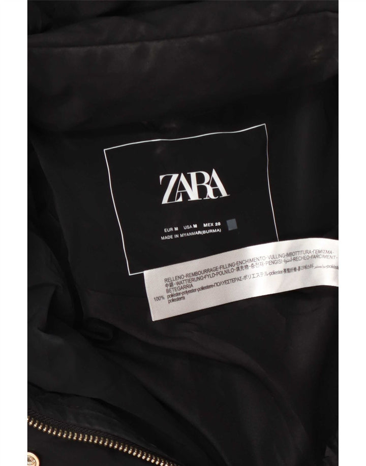 Zara Dame Hætte Polstret Frakke UK 14 Medium Sort Polyester