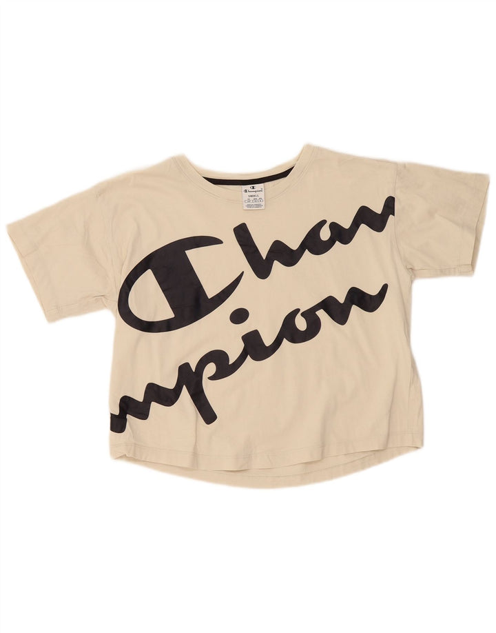 CHAMPION Womens Crop Oversized grafisk T-shirt top UK 10 Small Beige