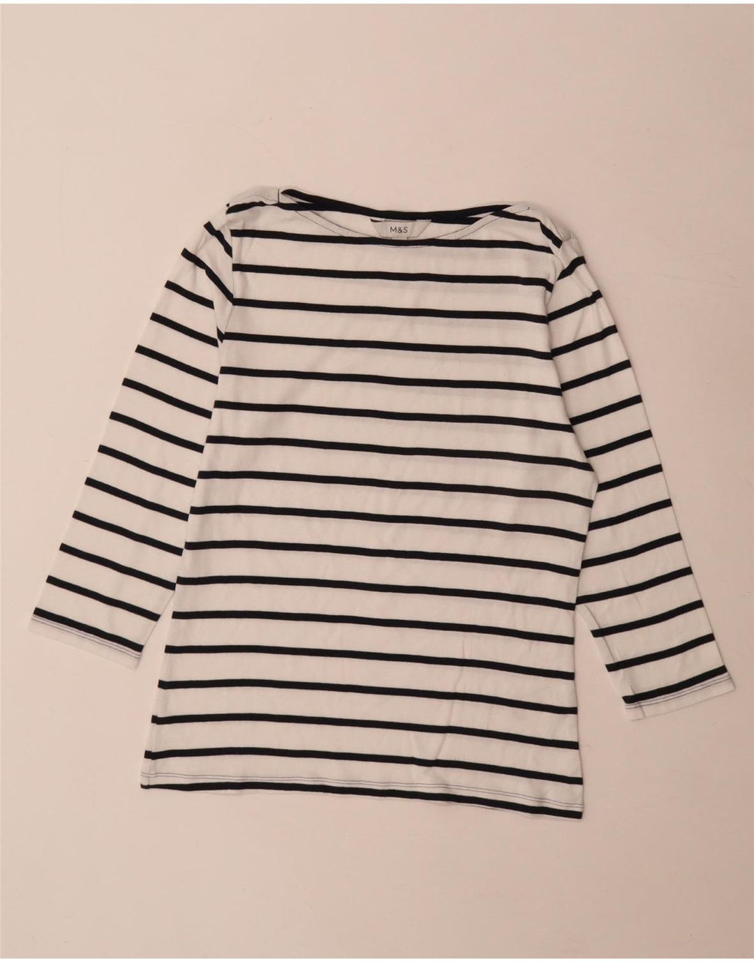 Marks & Spencer Dame Top 3/4 ærmer UK 12 Mellem hvid stribet bomuld