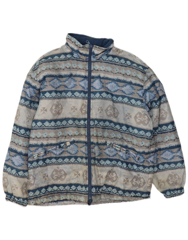 Vintage Dame Loose Fit Bomber Jacket UK 14/16 Large Blue Geometric Retro
