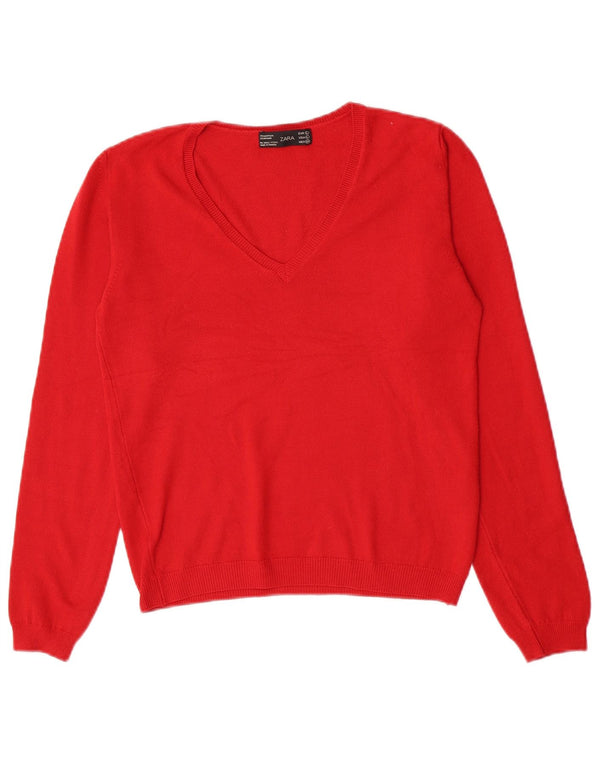 Zara Dame V-hals sweater UK 14 Stor Rød Akryl