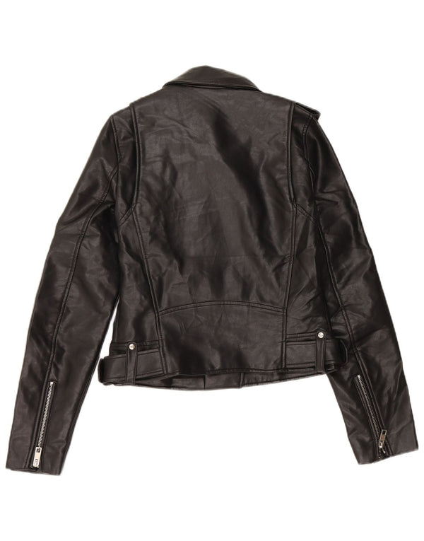 Zara Womens Crop Biker-jakke i imiteret læder UK 6 XS sort polyurethan