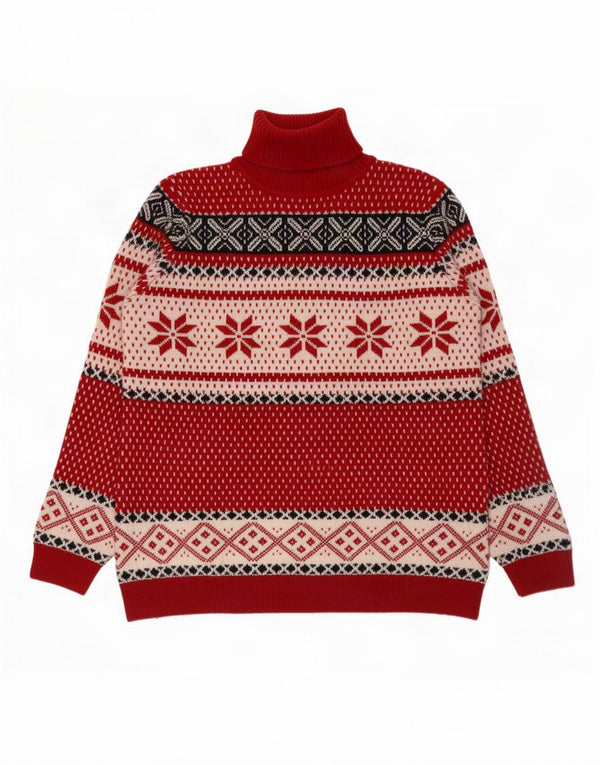 Marco Pecci Dame Roll Neck Jumper Sweater UK 20 2XL Red Fair Isle Wool