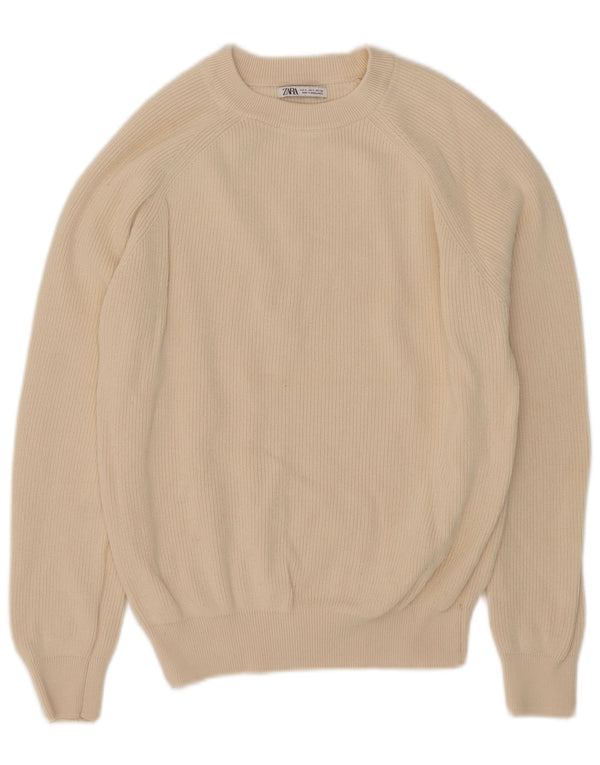 Zara Dame Boat Neck Jumper Sweater UK 10 Small Beige Bomuld