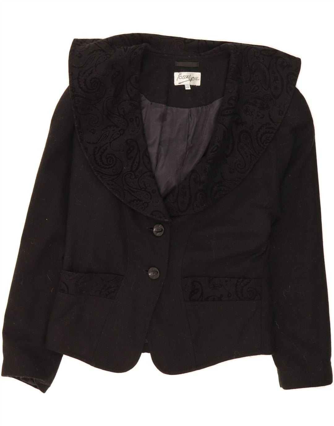 VINTAGE Womens 2 Button Blazer Jacket EU 38 Medium Black Paisley Wool Vintage Vintage and Second-Hand Vintage from Messina Hembry 